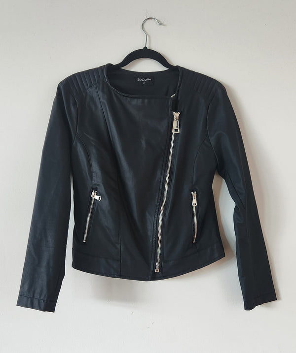 SUKO Jeans Biker Style Jacket with Leopard Lining. Size small.
