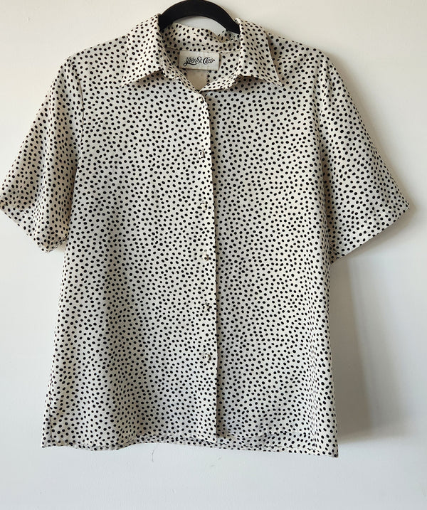 Vintage Tiny Polka Dot Button-Up Short-sleeve Blouse. Size large.
