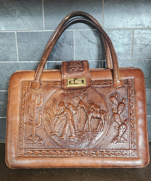 Brown Stenciled Leather Purse from Mexico